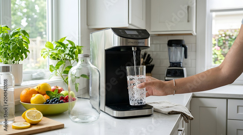 Person filling a water glass from a kitchen appliance.