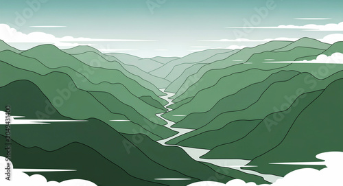 Stylized vector illustration of a river flowing through a green mountain valley. Minimalist landscape with rolling hills under a soft sky. Nature background for eco-friendly design and travel themes.
