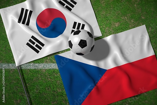 South korean and czech flags with soccer ball