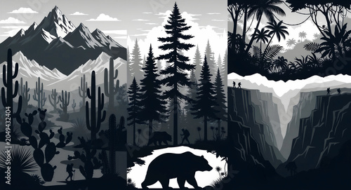 Monochrome vector landscapes featuring desert, forest, and canyon scenes with hikers. Stylized black and white nature illustrations. Adventure travel concept for outdoor branding and posters.