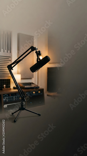 Professional condenser microphone on adjustable boom arm in studio.