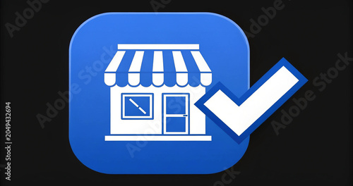 Blue business storefront application button with white checkmark asset. Verified merchant web icon vector for ecommerce trust certification layout