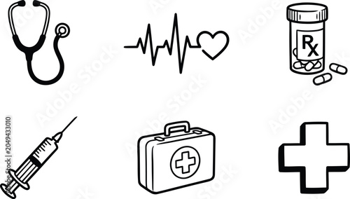 Medical icons including stethoscope, heartbeat, prescription, syringe, first aid kit, and cross