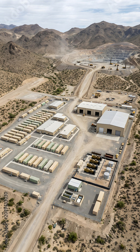 Aerial view of a remote industrial mining facility site.