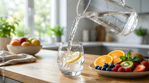 Refreshing water being poured into glass near fresh fruit.