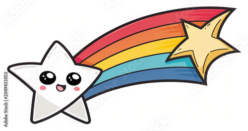 Funny happy smiling star character flying with a bright rainbow trail vector graphic design element