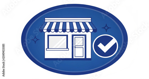 Flat design verified retail shop icon with check mark circle on an oval blue graphic. Online shopping guarantee symbol with verified tick mark and decorative star details