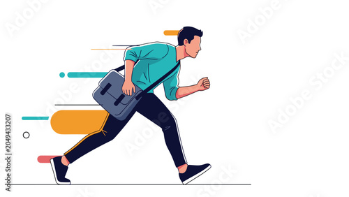 Determined businessman with a shoulder bag running fast against a white background with several dynamic motion lines.