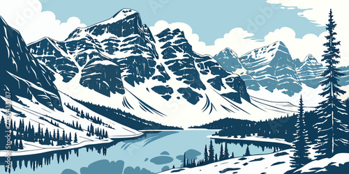 Slika na platnu Graphic illustration of a majestic snow capped mountain range reflecting in a ca