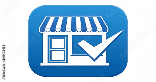 Minimalist blue store icon with a large dynamic checkmark for verified business listings. Digital marketplace storefront illustration representing an approved or successful seller account