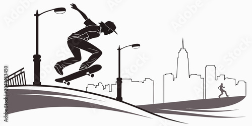 Bild auf Leinwand Skateboarder silhouette jumping in urban environment with city buildings and str