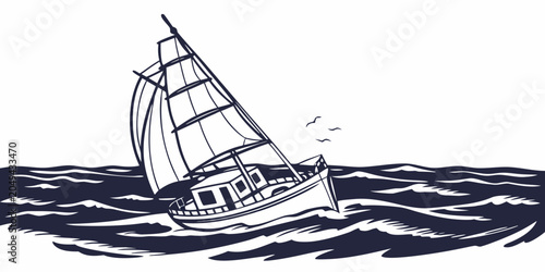 Foto Hand-drawn illustration of a vintage wooden sailing boat navigating through roug