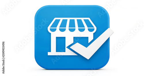 Online shop verified badge with sleek check mark icon on blue background button. E-commerce trust symbol featuring store building and checkmark vector illustration