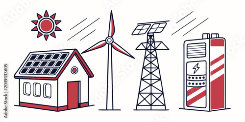 Billede på lærred Color illustration of a sustainable energy system featuring a solar powered resi
