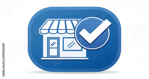 Rounded rectangle blue icon with verified seller shop front design for web interface. Certified boutique marketplace vector symbol with prominent white check mark overlay