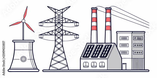 Billede på lærred Energy production infrastructure set featuring cooling tower electricity pylon a