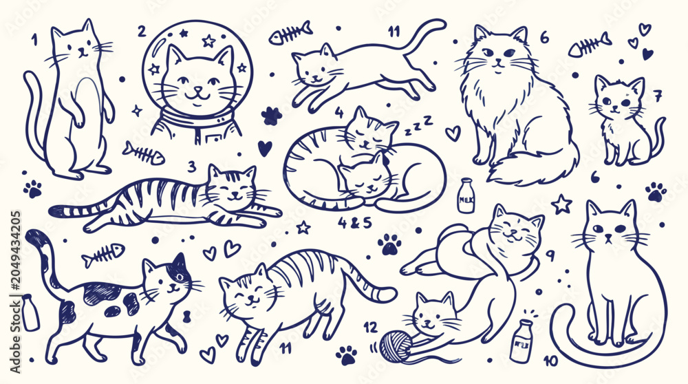 Fototapeta premium Collection of handdrawn adorable cartoon cats in various playful poses and activities