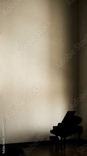 Silhouette of a grand piano in a minimalist room.