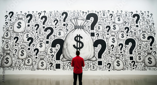 Man in red shirt looking at a wall covered in money bags and question marks. Investor analyzing a mural of wealth and financial uncertainty. Conceptual image for banking and economic planning.