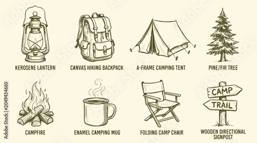Collection of handdrawn vintage camping equipment and wilderness essentials for outdoor adventures