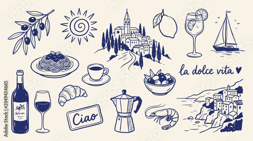 Collection of Italian lifestyle icons including food drinks travel and scenic views in a charming sketch style