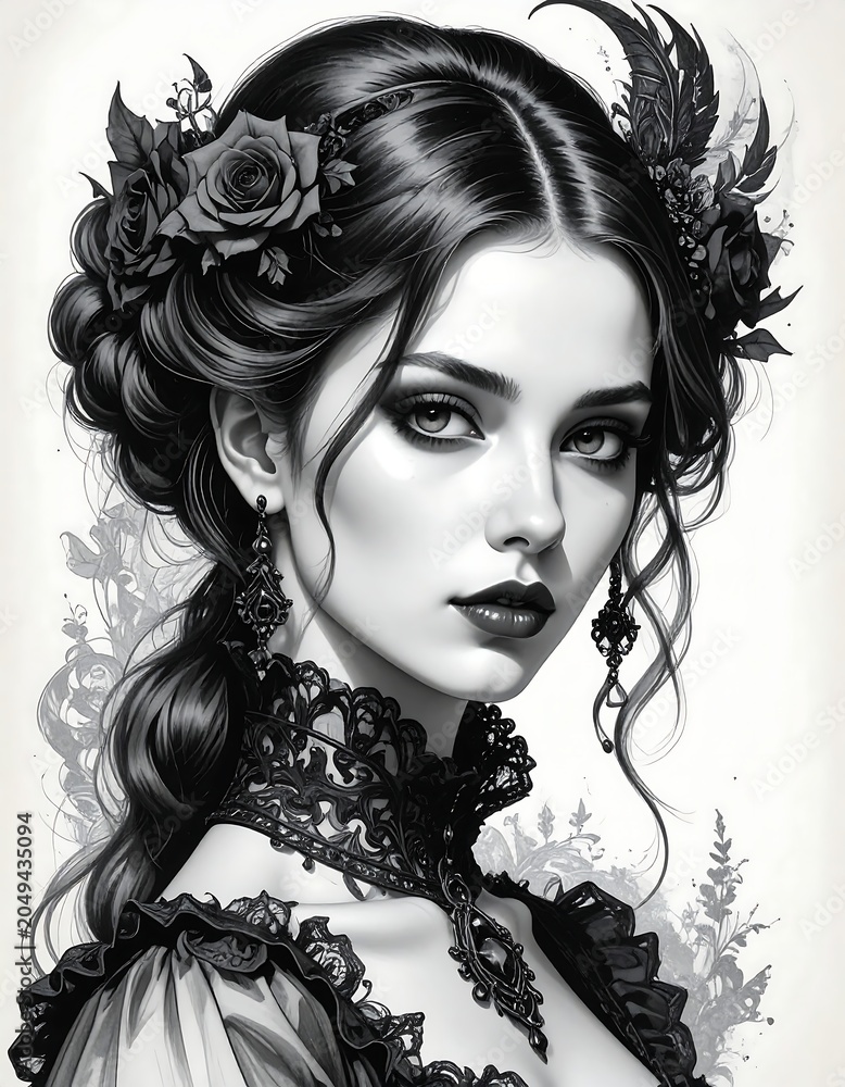 Fototapeta premium A woman with dark hair adorned with flowers and a lace top