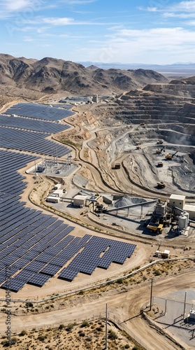 Solar panel farm adjacent to large open pit mine.