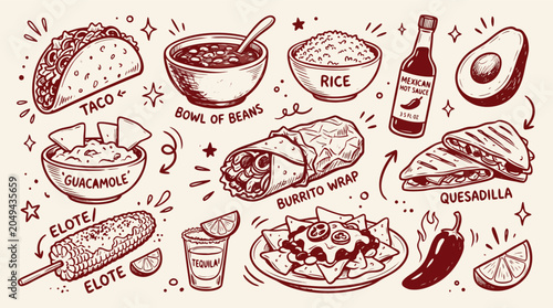 Canvastavla Handdrawn illustration of assorted delicious Mexican food and drink items arrang