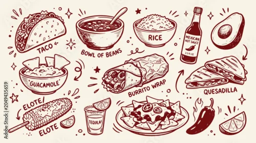 Obraz Handdrawn illustration of assorted delicious Mexican food and drink items arranged playfully