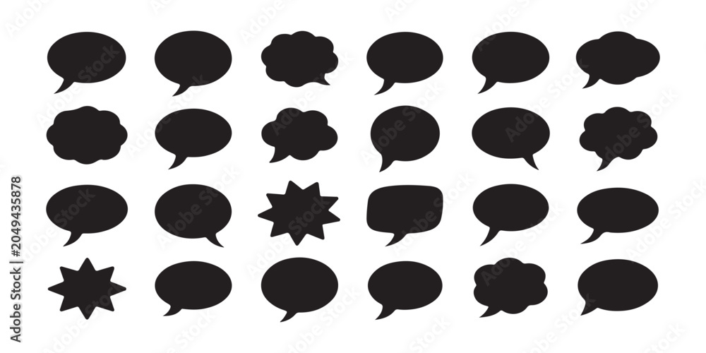 Fototapeta premium Set of 20 black silhouette speech bubbles and comic elements on transparent background.