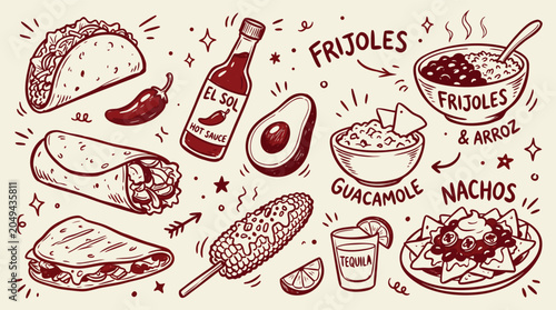 Foto Vibrant illustration of various delicious Mexican food items and drinks arranged