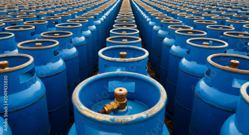 Rows of blue gas cylinders arranged in a storage facility. The industrial propane tanks are aligned perfectly for distribution. Energy supply and fuel storage concept for utility marketing.