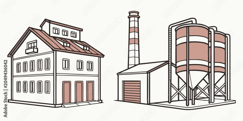 Fototapeta premium Manufacturing plant buildings and storage silos illustration with industry manufacturing building warehouse production industrial architecture infrastructure facility business construction