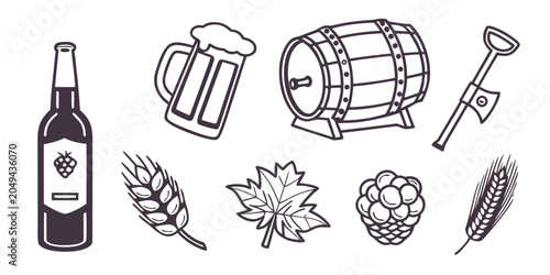 Fotografie Craft beer brewing icon set featuring beer bottle barrel hops and wheat brewing