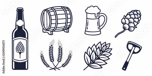 Foto Set of craft beer brewing icons with wheat hops and wooden barrel beer glass bre