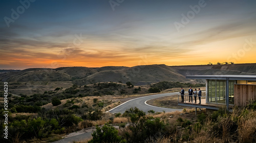Tourists watching sunset from scenic mountain viewpoint with building.