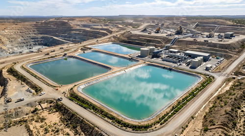 Turquoise evaporation ponds at an industrial mining site.