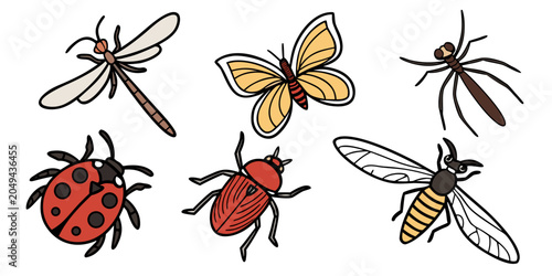 Set of colorful cartoon insect and beetle characters with butterfly dragonfly wildlife creature illustration collection colorful isolated background crawling environment scientific
