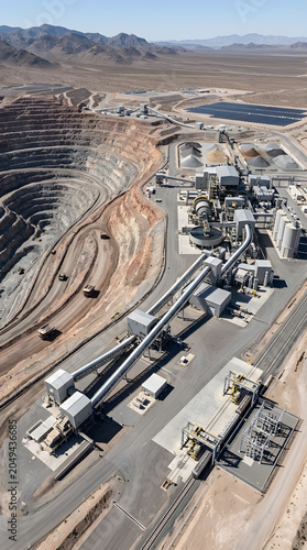 Aerial view of large-scale desert industrial mining facility processing plant.