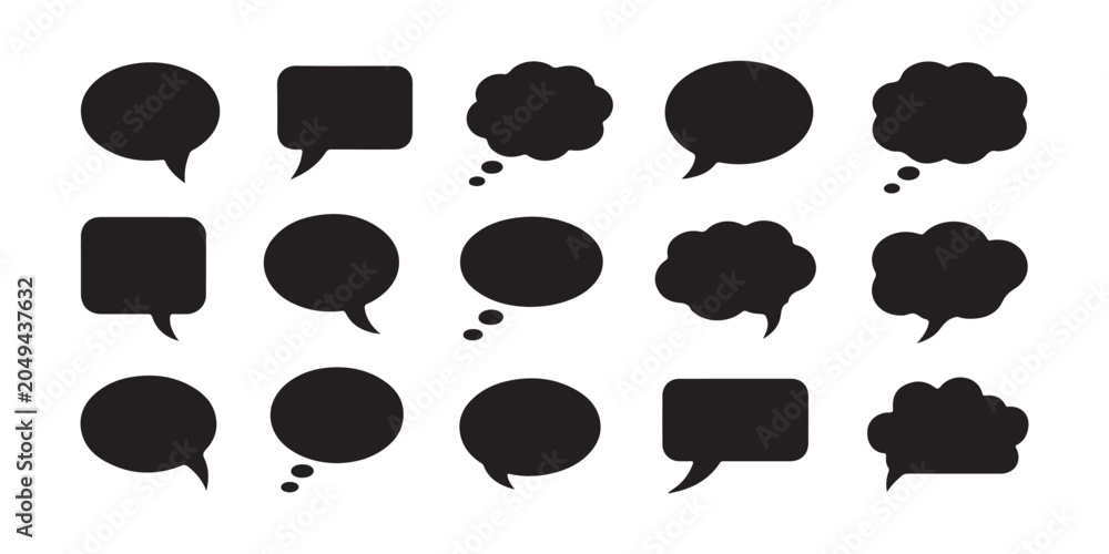 Fototapeta premium Solid black silhouette collection of speech bubbles and thought clouds for comic style design usage.