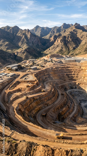 Wide aerial panorama of tiered open pit mining site.