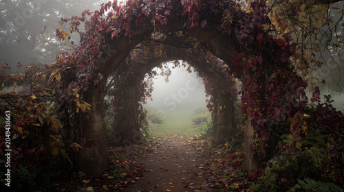 Spooky archway autumn fog vine stone pathway forest creates eerie mood along leaf covered trail in misty woodland