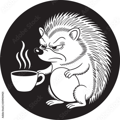 Annoyed hedgehog, with coffee, cup, in messy style