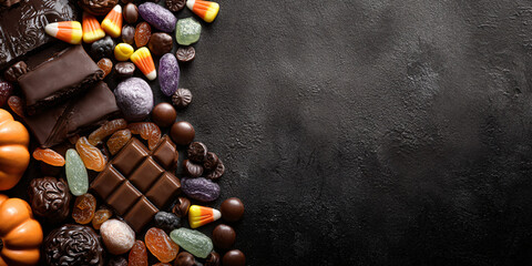 Halloween Candy and Chocolate on Black Border Flatlay