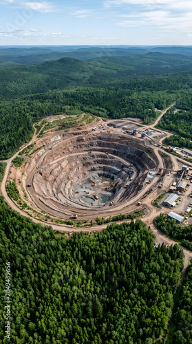 Circular open pit mine surrounded by dense green forest.
