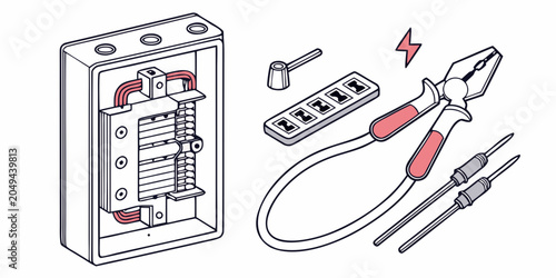 Schilderij op canvas Isometric illustration of an electrical panel with circuit breakers and associat