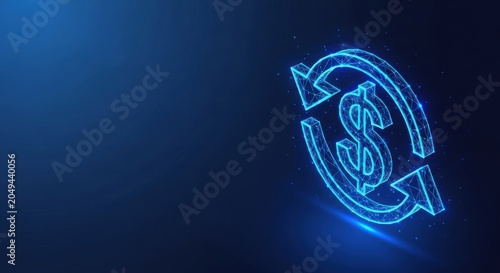 Glowing blue dollar symbol with circular arrows indicating financial exchange and economic cycles