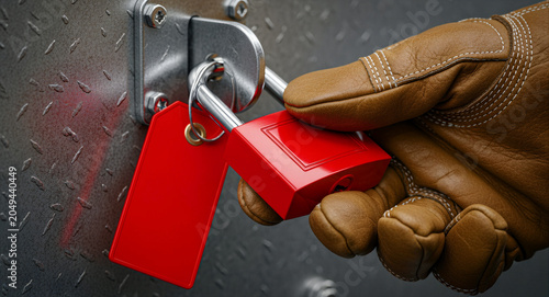 Hand in leather work glove securing a red lockout padlock and tag. Safety equipment on an industrial diamond plate surface. Lockout tagout concept for occupational health and safety training.