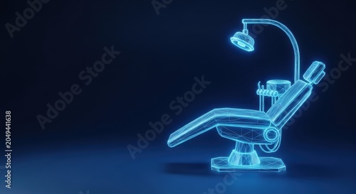 Futuristic neon blue wireframe dental chair illuminated in a dark setting representing advanced dental technology and healthcare.
