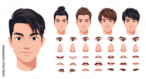 Versatile set of character creation elements for a male face including various hairstyles, eyes, noses, and mouth expressions for avatars.